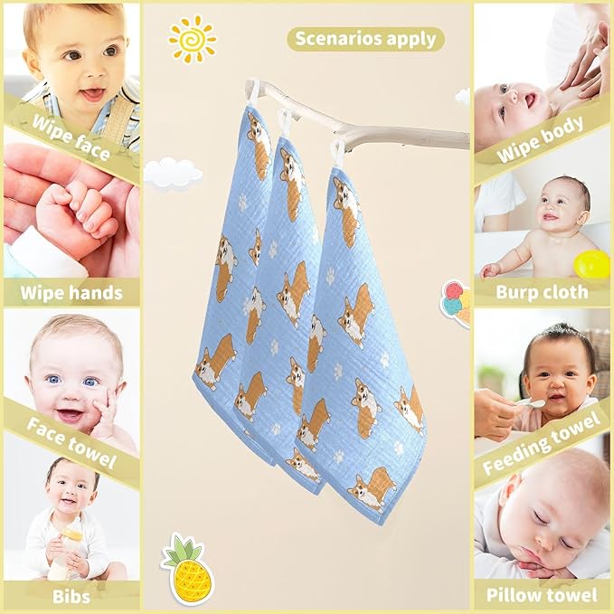 vvfelixl Corgi Paws Baby Burp Cloths Baby Muslin Washcloths for Boys Girls Cotton Baby Face Towel for Newborn Infants Soft and Absorbent 11.8 X 11.8 in, 5 Pack