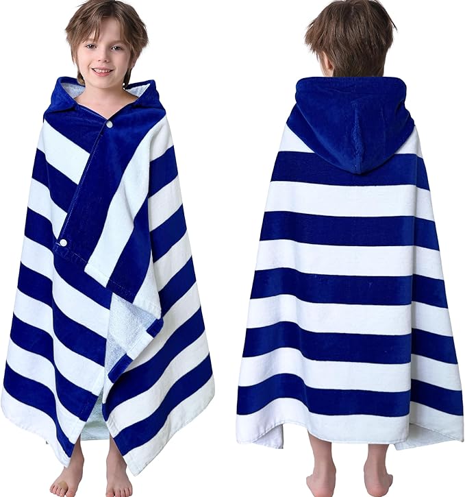 VOOVA & MOVAS Kids Beach Towel Wrap with Hood (3-8 Years, 30''x50'') - 100% Cotton Soft Absorbent Towel for Boys, Pool, Bath, Swimming & Beach - Blue Cabana Stripe Design