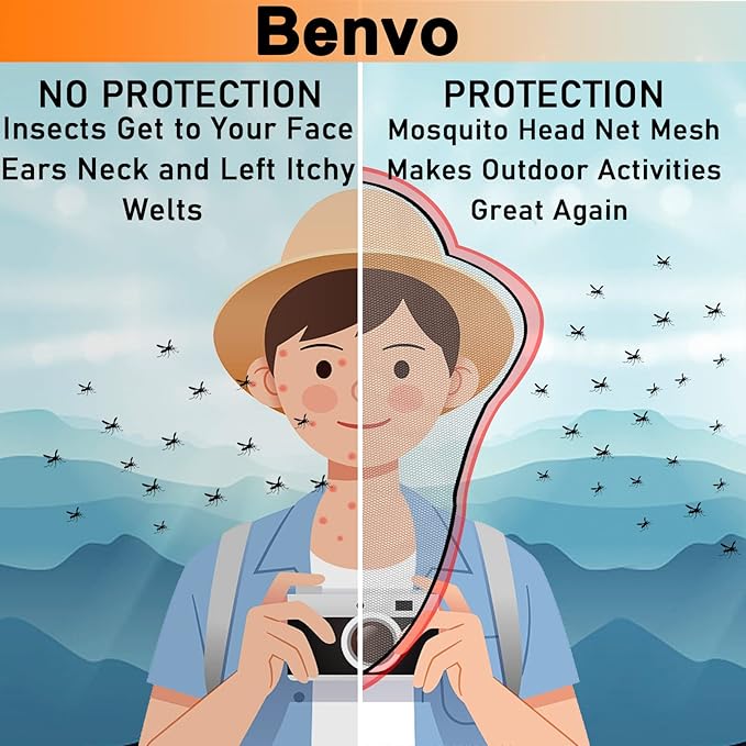 Benvo Mosquito Head Net Mesh, Face Neck Fly Netting Hood from Bugs Gnats Noseeums Screen Net for Any Outdoor Lover- with Carry Bags Fits Most Sizes of Hats Caps (2pcs, Khaki, Updated Big Net)
