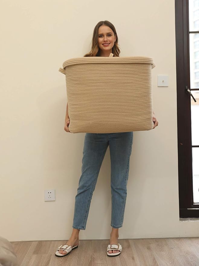 22"x14"x18" Rectangular Extra Large Storage Basket With Lid, Large Cotton Rope Storage Basket, Woven Laundry Hamper, Cloth Storage Bin, for Clothes Towels Blankets in Living Room, All Beige