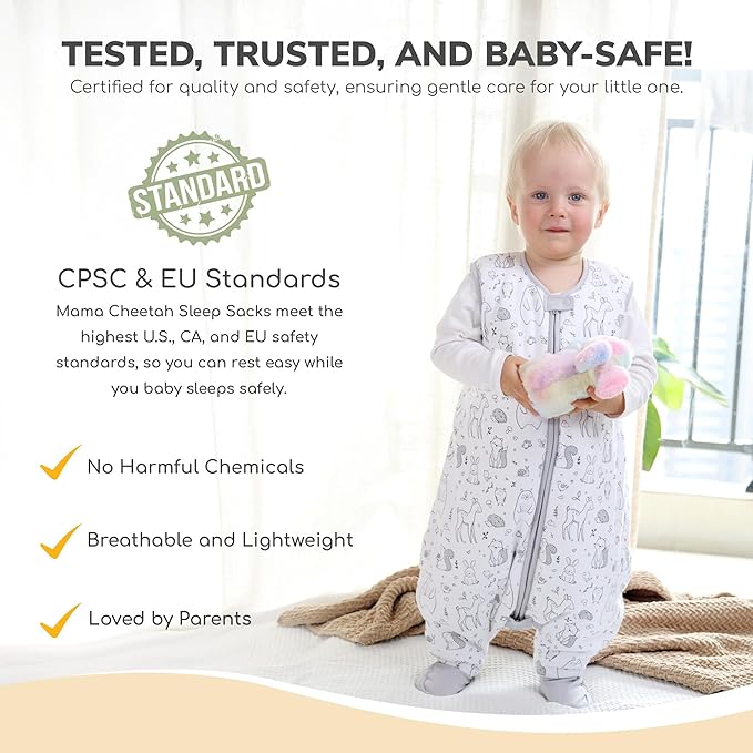 Mama Cheetah Toddler Sleep Sack with Feet 3T - 4T, 1.0 TOG Organic Cotton Baby Sleeping Bag with Legs, Baby Wearable Blankets for Walkers w/ 2-Way Zipper, Sleep Sack for Girls & Boys, Early Walker