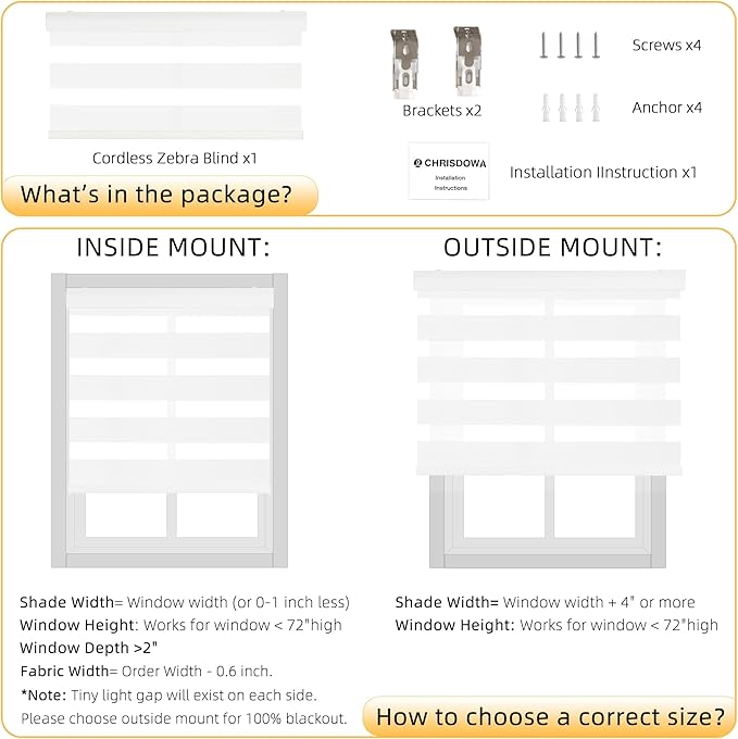 ChrisDowa Cordless Zebra Blinds for Windows, Dual Layer Free-Stop Light Filtering Window Roller Shades, Pull Down Privacy Zebra Shades for Home, Office, Bedroom, Door (35" W x 72" H, White)