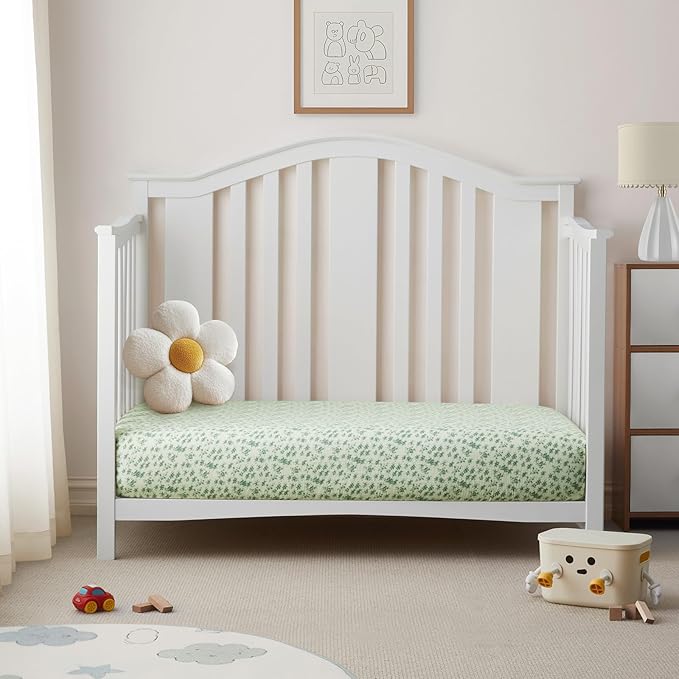 SiinvdaBZX 2 Pack Pack n Play Sheets, Ultra Soft Muslin Cotton Mini Crib Sheets Breathable Neutral Toddler Playard Bedding Cover for 38"x27" Portable/Mini Crib Mattresses (Leaf + Clovers)