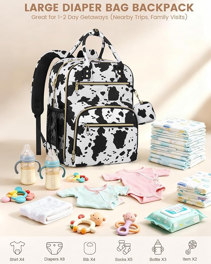Diaper Bag Backpack,Baby Essentials Diapers Bag with Pacifier Case,Multipurpose Stylish Large Capacity Travel Backpack for Baby Girl/Boy(L-Cow Print)