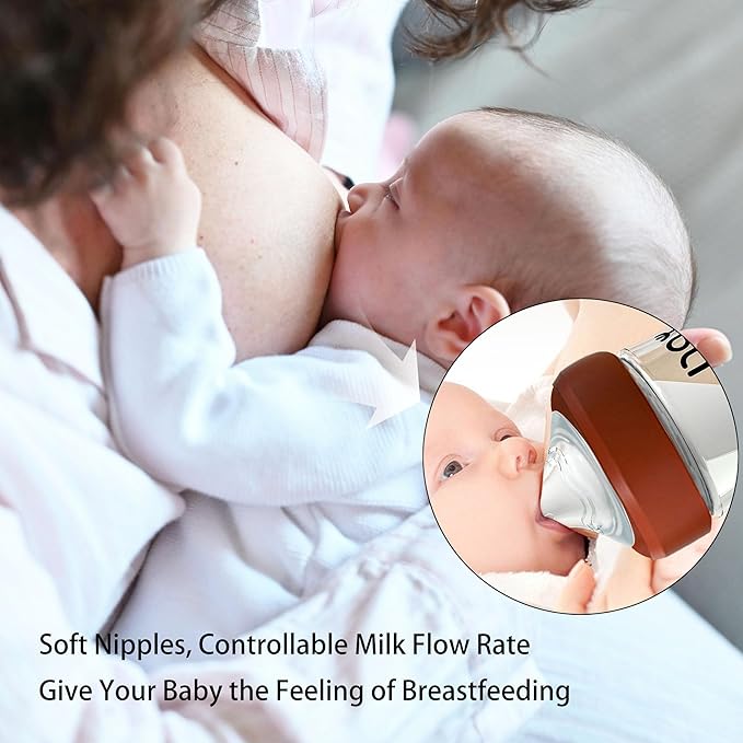 yanyoyo Natural Glass Baby Bottle for Breastfeeding Babies, 3oz Newborn Anti-Colic Baby Bottle with Slow Flow Nipples (SS), Clear, Wide Neck, 2 Pack, 0 Months+