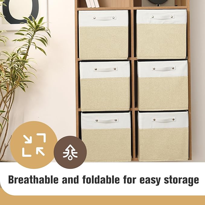 13 x 13 Inch Fine Linen Storage Bins with Handles，Fabric Cube Boxs，Basket Organizers for Shelves for Home, Closet Drawers (White/Khaki-6 Pack)
