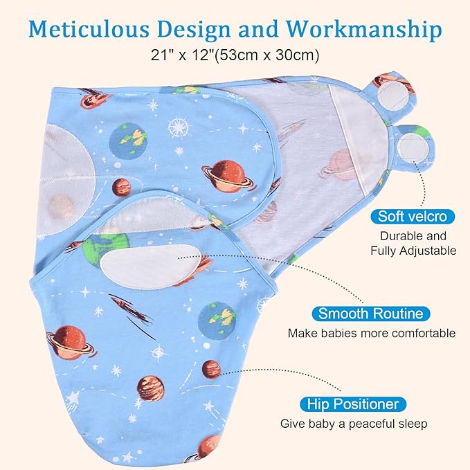 david's kids 100% Cotton 3 Pack Baby Swaddle Wrap for 0-3 Months, Soft Breathable Swaddle Blanket for Newborn Infant, Adjustable Baby Wrap Sleep Sacks for Boys Girls, Newborn Essentials, Space