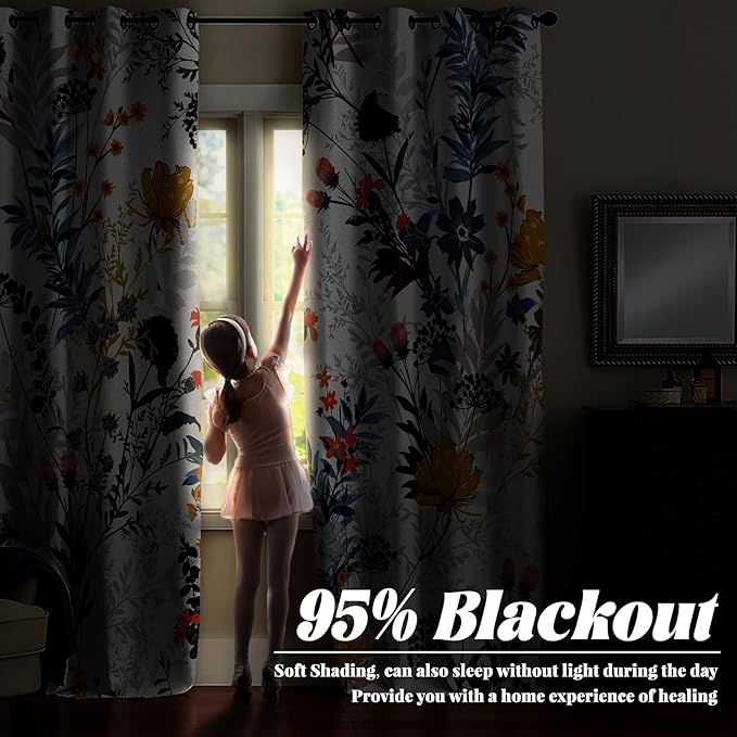 Renaiss Botanical Plants Blackout Curtains, Wild Flowers Plants Print Thermal Insulated Bedroom Window Curtains, Boho Floral Window Curtains for Kitchen, 55" L x 29" W 2 Panel Set