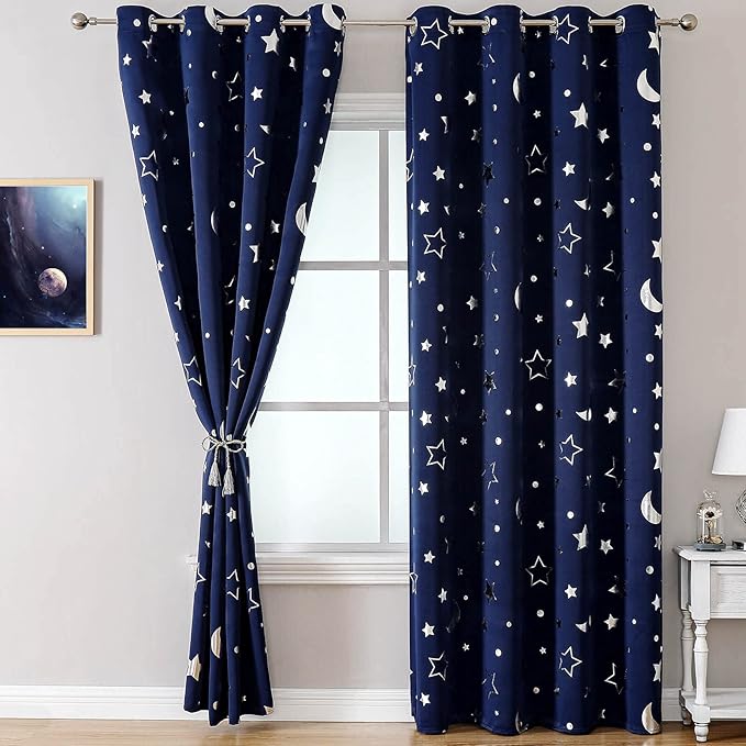 WUBODTI Boys Curtains Navy Blue Blackout Star Curtains Cute Space Themed Thermal Insulated Room Darkening Blackout Drapes for Kids Room Nursery Boys Bedroom(W42 x L84, 2 Panels)