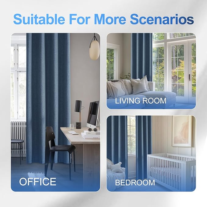 Linen 100% Blackout Curtains for Bedroom, Black Out Curtains 54 Inch Long, Room Darkening Curtains for Living Room, Long Curtain Grommets Drapes, Thermal Curtains(2 Panels, Navy Blue)