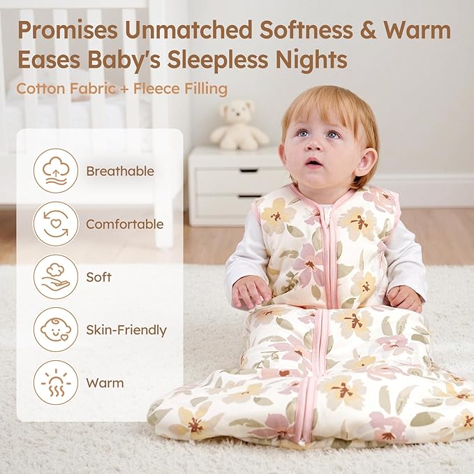 Unnivoll Baby Sleep Sack 18-24 Months TOG 2.5 Winter Baby Wearable Blanket, 100% Cotton Toddler Sleeping Sack with 2-Way Zipper Warm Soft Pink Flowers
