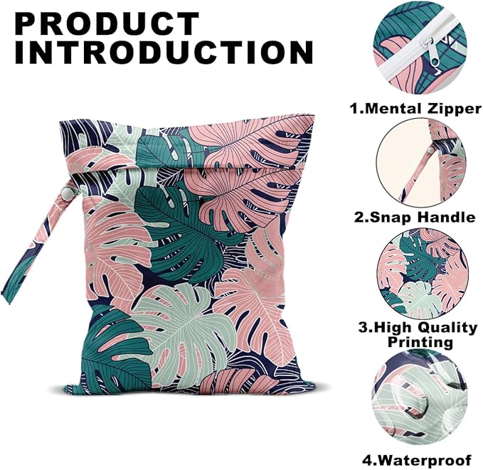 2Pcs Abstract Palm Leaves Wet Bag 12x10 Inch, Summer Greenery Waterproof Travel Laundry Bags, Washable Reusable Wet Dry Bag for Swimsuit Beach Diapers Dirty Yoga Gym Clothes, Plant Gifts for Women