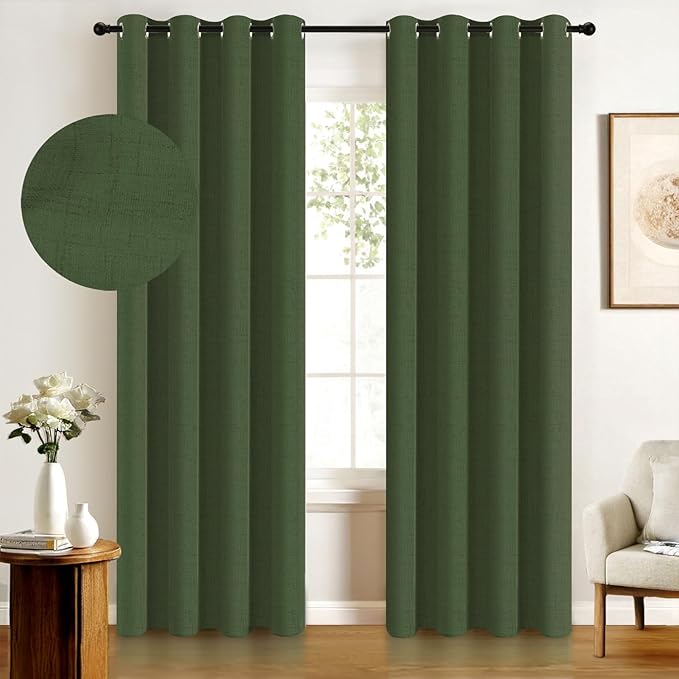 100% Blackout Shield Linen Blackout Curtains for Bedroom, Moss Green Grommet Curtains for Living Room, Thermal Insulated Room Darkening Drapes for Nursery, Boho Home Decor, 50" W x 108" L, 2 Panels