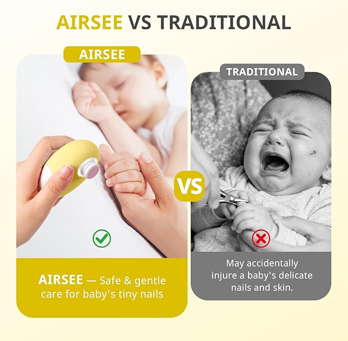 AIRSEE Premium Newborn Gift, Electric Baby Nail File, Cordless Safe Infant Nail Trimmer with 6 Replacement Pads, Magnetic Rechargeable Base, 360° LED Light, Baby Grooming Kit Gift