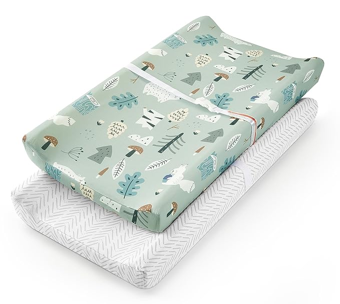TILLYOU Changing Pad Cover Set in Soft Jersey Material - Fits 32"/34''x16 Contoured Pad for Babies, Jungle Walk and White Stripes