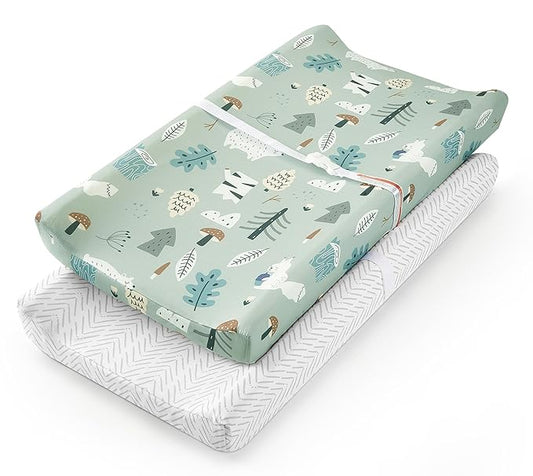 TILLYOU Changing Pad Cover Set in Soft Jersey Material - Fits 32"/34''x16 Contoured Pad for Babies, Jungle Walk and White Stripes