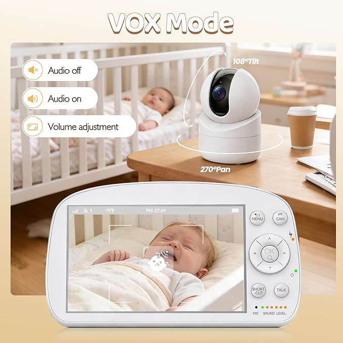 Baby Monitor with Camera and Audio, No WiFi, 5" HD IPS Screen & Remote Pan-Tilt-Zoom, HD Night Vision, 2-Way Talk, Cry Notifications, Temperature Sensor, 5 Lullabies, 1000ft Long Range