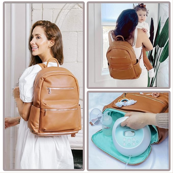 MOMINSIDE Diaper Bag Backpack, Diaper Bags Baby Diaper Bag 13 Pockets Leather Mini Baby Bag Backpack, Breast Pump Bag, 2 Insulated Pockets, Backpack Diaper Bag, Brown
