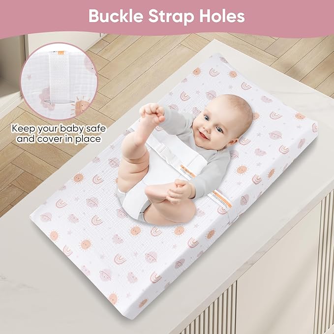 Changing Pad Cover for Baby Girls Boys - 100% Organic Cotton Muslin Changing Pad Sheets with Secure 360° Elastic Fit, Ultra-Soft for Delicate Skin, 2 Pack