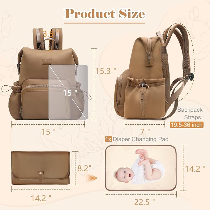 miss fong Diaper Bag Backpack - Baby Diaper Bag Neoprene Bag Large Capacity Neoprene Backpack with Diaper Changing Pad Pañaleras Para Bebe Baby Bag with 12 Pockets for Mom & Dad -Brown