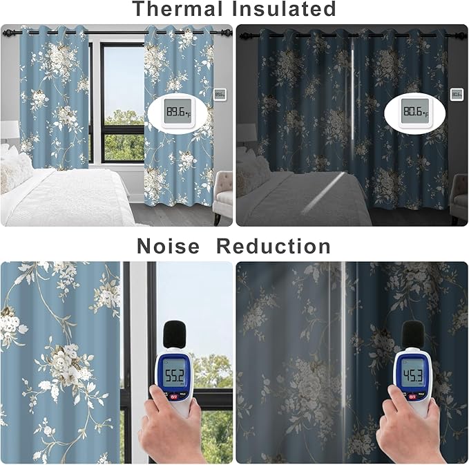 Blackout Curtains for Bedroom 84 Inch Long 2 Panels Set, Haze Blue Floral Grommet Winter Black Out Curtains for Living Room, Room Darkening Thermal Insulated Soundproof Window Drapes, Maintain Privacy
