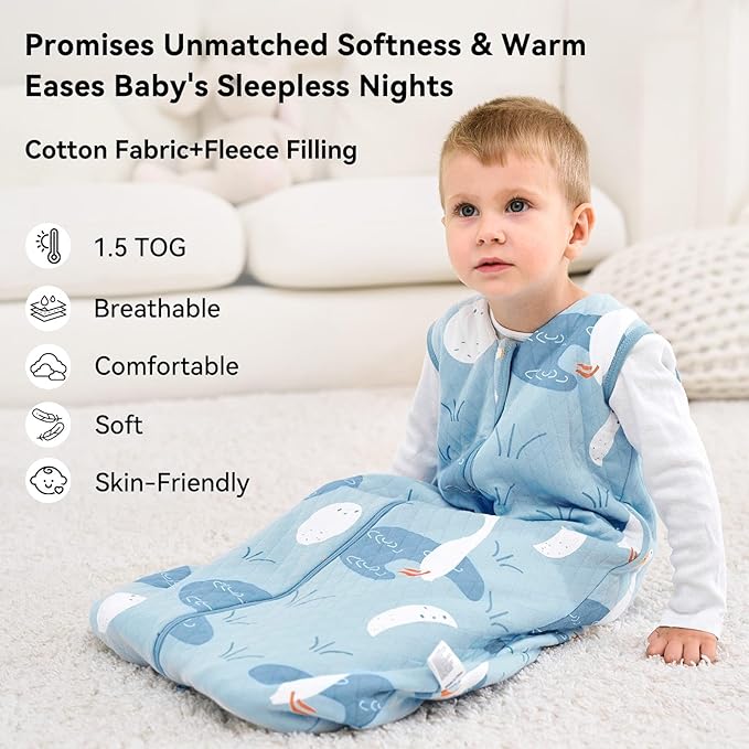 Unnivoll Baby Sleep Sack 0-6 Months 1.5 Tog Baby Wearable Blanket 100% Cotton Fabric Warm Sleeping sack with 2-Way Zipper Quilted for Infant Newborn Tog Blue Duck