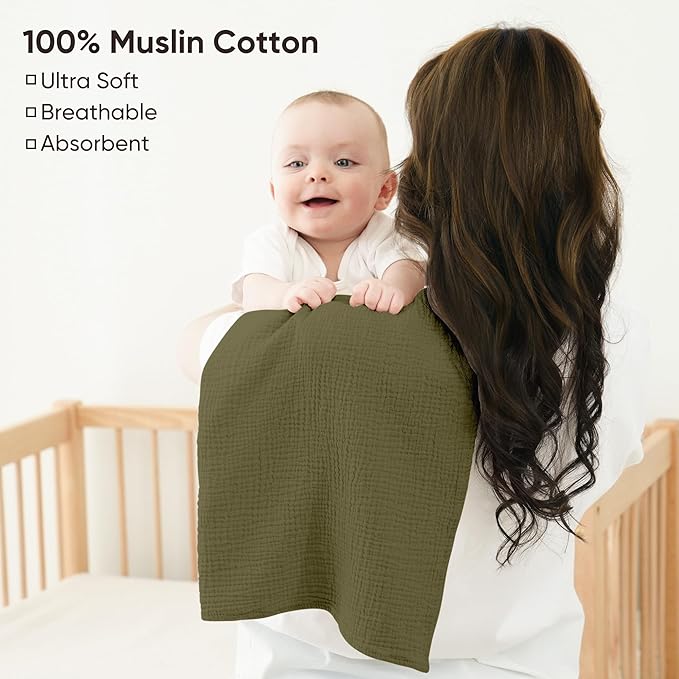 Bearmoss 100% Cotton Muslin Burp Cloths, 6 Pack Absorbent Large Baby Burping Cloths for Boy, Girl, 23.6" X 23.6" Newborn Essentials (Gray Green)