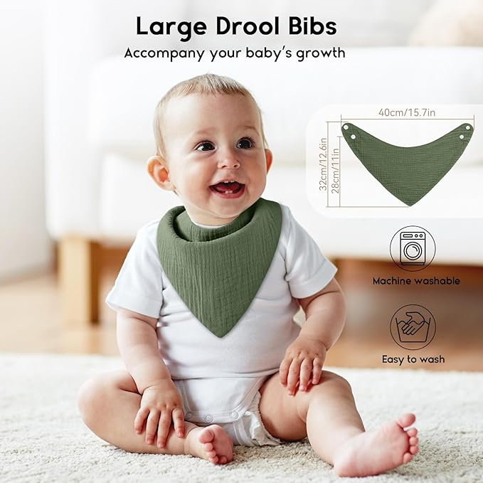 Yoofoss Muslin Baby Bibs 10 Pack 100% Organic Cotton 6-Layer Soft Absorbent Drool Bandana Baby Bibs for Drooling and Teething for Boys and Girls, Brown & Green