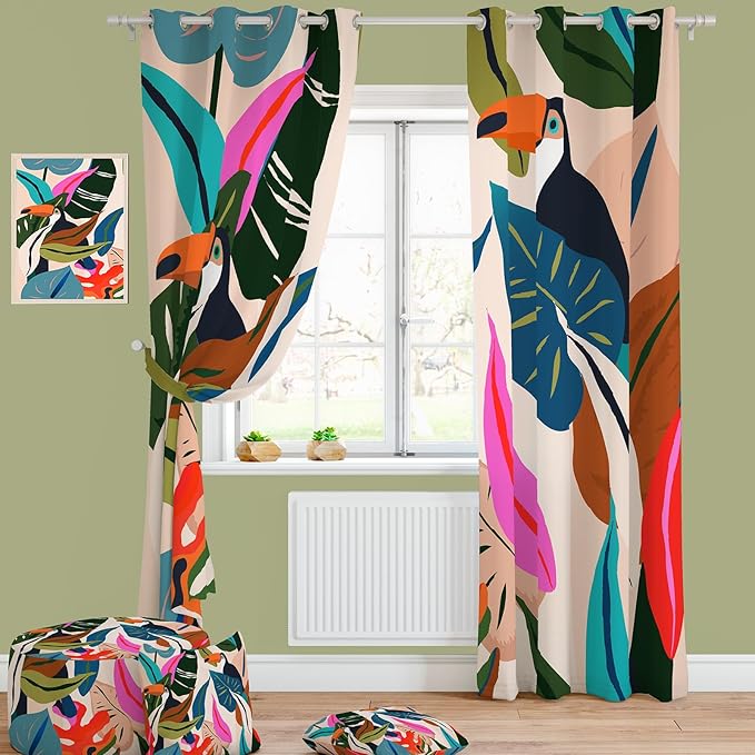 Colorful Tropical Blackout Curtains, Abstract Palm Leaf Boho Jungle Toucan Birds Window Drapes, Darkening Grommets for Living Room Bedroom Decor 2 Panels 52"X84" Inches