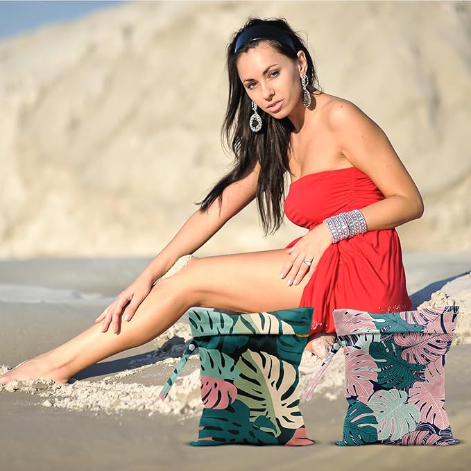 2Pcs Abstract Palm Leaves Wet Bag 12x10 Inch, Summer Greenery Waterproof Travel Laundry Bags, Washable Reusable Wet Dry Bag for Swimsuit Beach Diapers Dirty Yoga Gym Clothes, Plant Gifts for Women