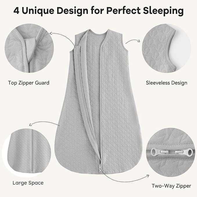 Unnivoll Baby Sleep Sack 12-18 Months 1.0 Tog Baby Wearable Blanket Cotton Sleeping Sack Quilted Baby Sleep Bag with 2-Way Zipper for Toddler Infant Grey