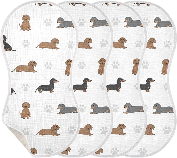 Qinllo 4 Pack Muslin Burp Cloths Dachshund Dogs Paw White Cotton Baby Burp Cloths Ultra Absorbent and Soft Thick Burping Cloth for Newborn Babies 22x11 Inch