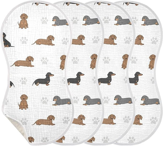 Qinllo 4 Pack Muslin Burp Cloths Dachshund Dogs Paw White Cotton Baby Burp Cloths Ultra Absorbent and Soft Thick Burping Cloth for Newborn Babies 22x11 Inch