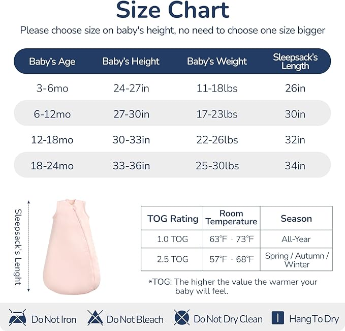 usbettas 1.0 Tog 2.5 Tog Baby Sleep Sack, 100% Cotton Baby Sleeping Bag 3-24M, 2-Way Zipper Baby Wearable Blanket