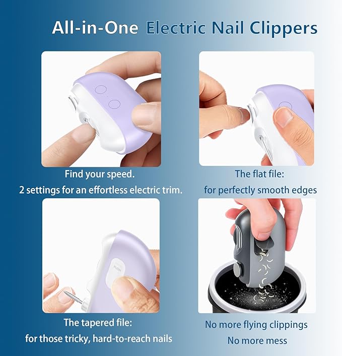 Smart Electric Nail Clipper, 3-in-1 Automatic Nail Trimmer & Polisher with 2 Speeds, LED Light, Rechargeable Nail Clippers for Seniors, Low Vision, Women, Men and Kids (Purple)