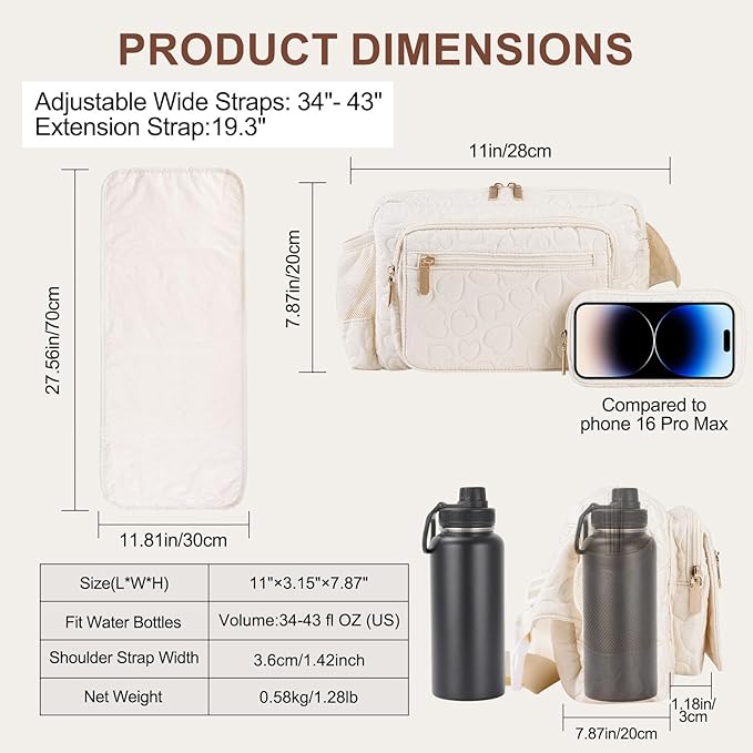 Rexmore Puffer Quilted Fanny Pack Diaper Bag for Mom - Women‘s Compact Crossbody Purse with Portable Changing Pad & Wipes Pouch, Travel & Quick Errand Baby Essentials Organizer (Off White)