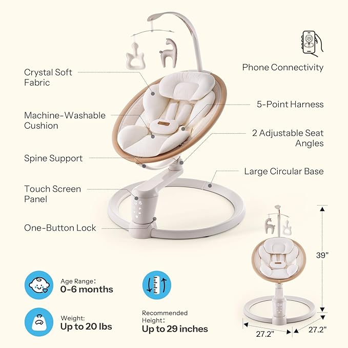 HARPPA Electric Baby Swing for Infants 0–6 Months, Baby Swing with Toy Bar and Sounds, Remote Control, 5 Speeds, 2 Seat Positions & 180° Rotation for Indoor Use, Warm Sand