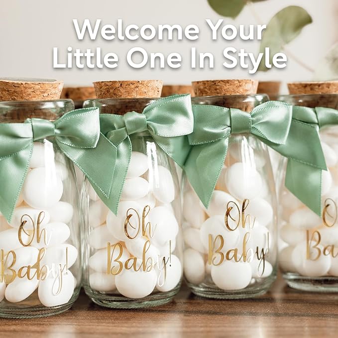 Ethisa Vintage 12 Pack Oh Baby Woodland Milk Glass Bottles with Ribbons and Stickers - Classy Baby Shower Favors for Guests and Table Centerpieces - Gender Neutral Eucalyptus Decoration - Safari Theme
