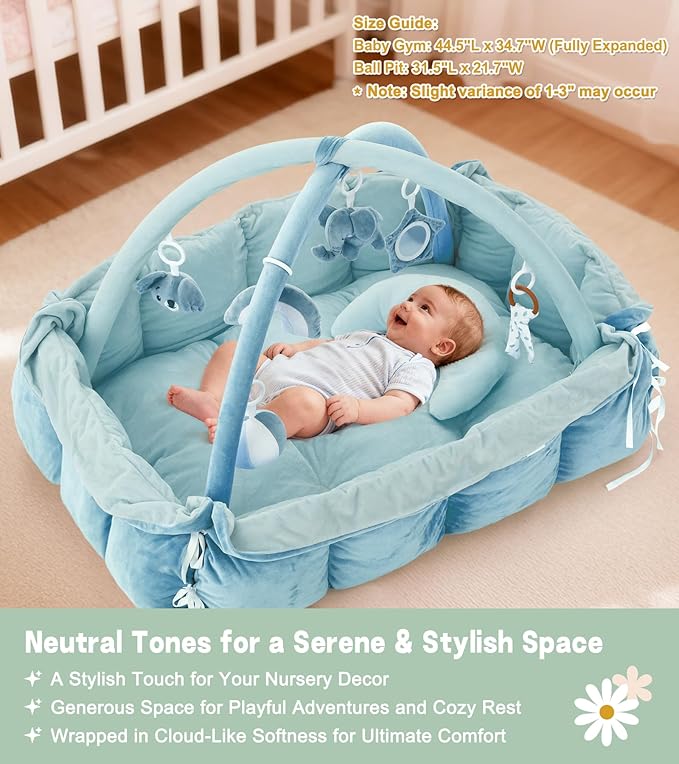 5-in-1 Baby Play Gym and Tummy Time Mat, Tummy Time Pillow & 12 Learning Cards, Plush Activity Mat with 6 Toys, Baby Gym, Convertible to Ball Pit, Baby Gift, Blue
