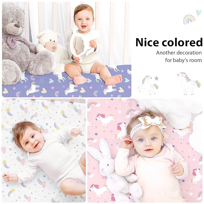 Baby Mini Crib Sheets Girl, Portable 38”x26” Pack and Play Sheets Fitted for Playard and Pack N Play Mattress, 3-Pack Soft Microfiber Pink Purple Rainbow