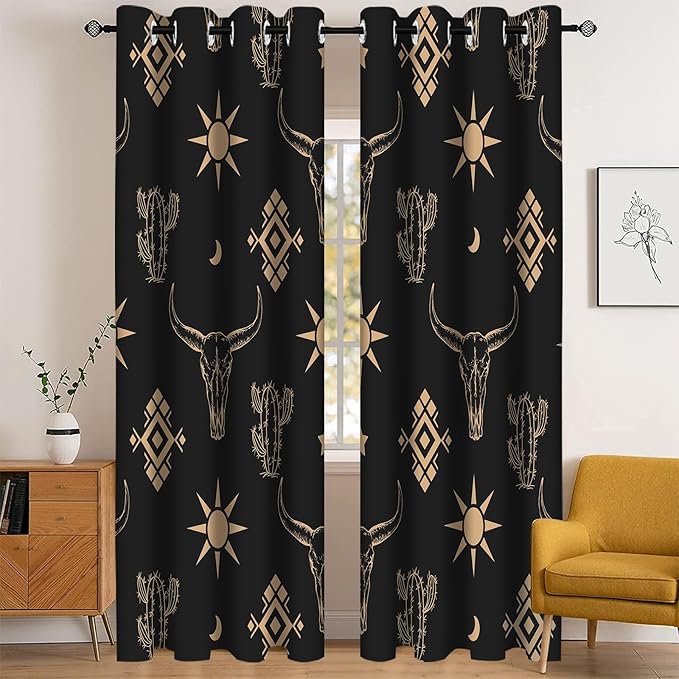Western Cow Skull Curtains, Black Gold West Aztec Blackout Curtains Room Darkening Grommets Western Drapes, Window Curtains for Living Room Bedroom Decor 2 Panels 52x84 Inch