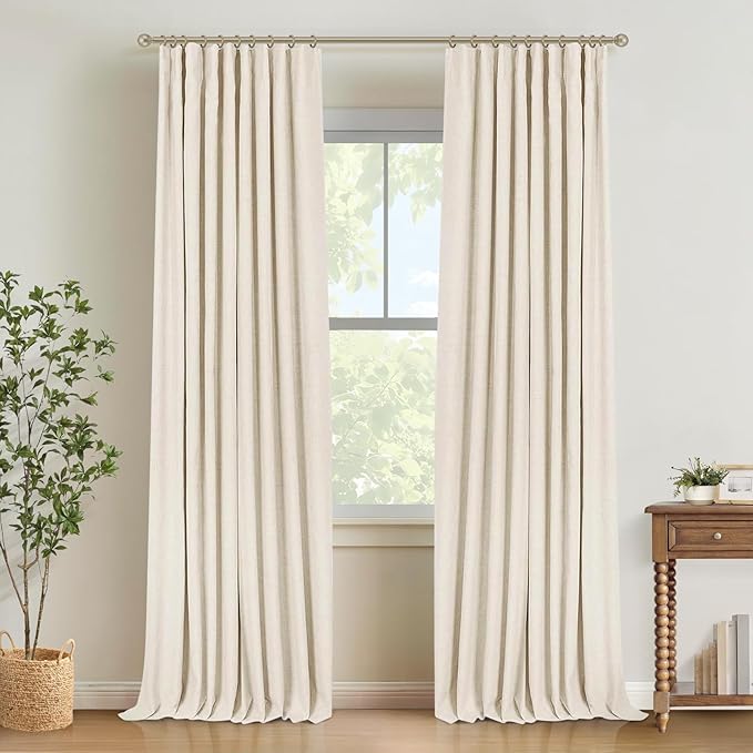 INOVADAY 100% Blackout Curtains for Bedroom, Black Out Curtains 72 Inch Long, Clip Rings Linen Blackout Drapes, Thermal Insulated Room Darkening for Living Room, 2 Panels - Cream,W50xL72