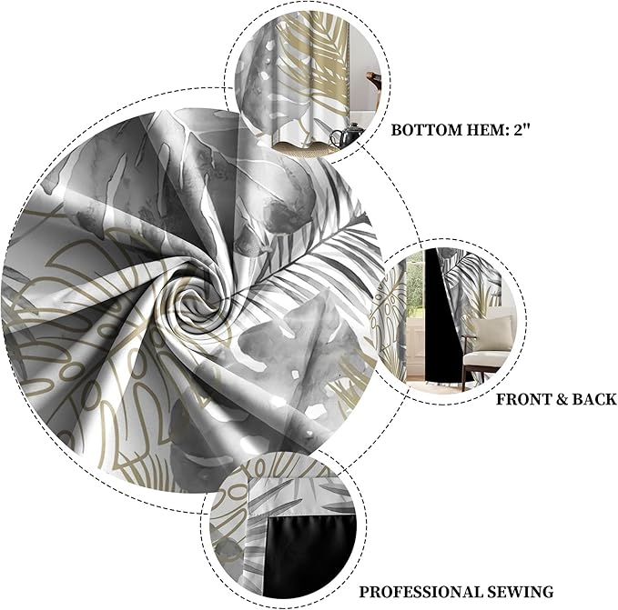 Renaiss Tropical Leaf Blackout Curtains, Gray Palm Monstera Leaf Thermal Insulated Bedroom Window Curtains, Botanical Plants Window Curtains for Kitchen, 45" L x 29" W 2 Panel Set