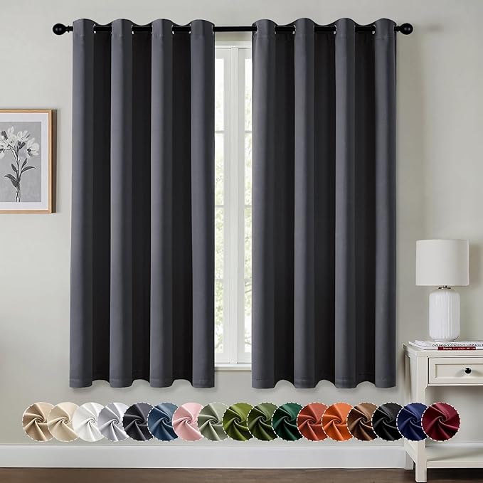 MIULEE Grey Blackout Curtains for Bedroom Living Room 63 Inches Long 2 Panels, Thermal Insulated Room Darkening Drapes Solid Grommet Noise Reduction Light Blocking Window Treatments 50x63 Inch