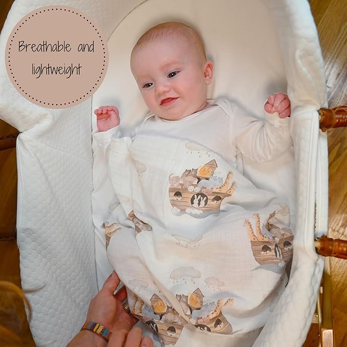 LollyBanks Muslin Swaddle Blankets 2PACK, 100% Cotton Baby Blanket 47 x 47 Inches, Large Baby Swaddle Breathable, Muslin Blankets for Boys and Girls (Child of God and Noah's Ark Print)