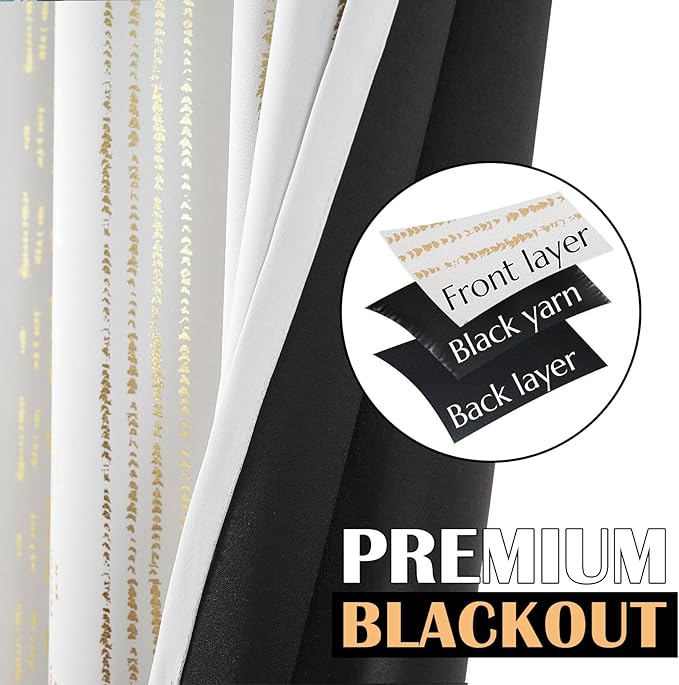 jinchan 95% Blackout Boho Curtains 72 Inches Long for Bedroom Living Room Golden Geometric Foil Printed Curtain Grommet Top Room Darkening Drapes Off White 52 x 72 2 Panels