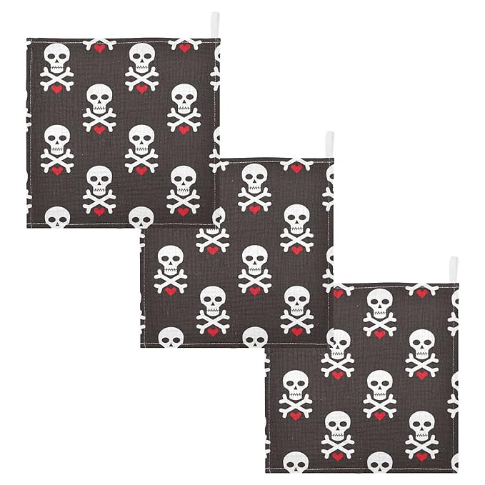 Baby Washcloths Cotton Skull Red Heart Baby Muslin Washcloths Soft Baby Face Towel for Newborn Infants Baby Wipes, 11.8 X 11.8 Inch, 3 Pack