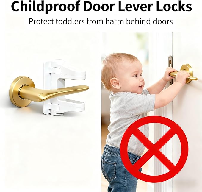 6-Pack Door Handle Baby Proof – Child Proof Door Lever Lock & Door Locks for Kids Safety, Stop Toddlers & Pets from Opening Doors – Easy One-Hand Use, No-Drill Adhesive – Fit Bath/Kitchen/Bedroom