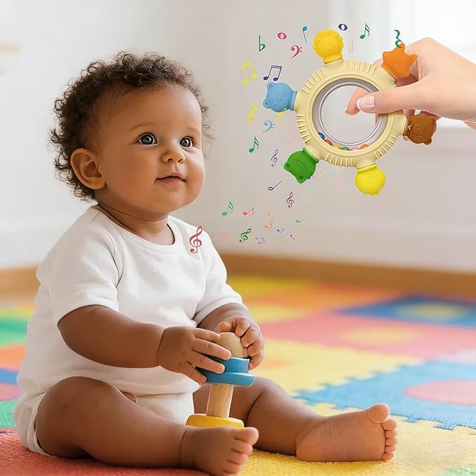 Sensory Toys for Babies, 2 Pack Baby Teething Rings Toys for 0-3 3 6-12 Months Baby Rattle Teether Silicone Teether Relief Chew Soothing,BPA Free,Sore Gums Babys Teethers Toys