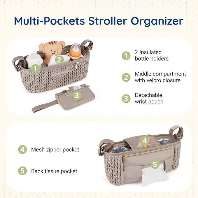 mommore Stroller Organizer with Insulated Cup Holders, Adjustable Stroller Caddy with Detachable Phone Bag, Stroller Accessories Fits for Uppababy, Doona, Jogger, Britax (pink)